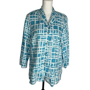 Connie Roberson Turquoise White Turquoise‎ Linen Button-Down Tunic Shirt XL